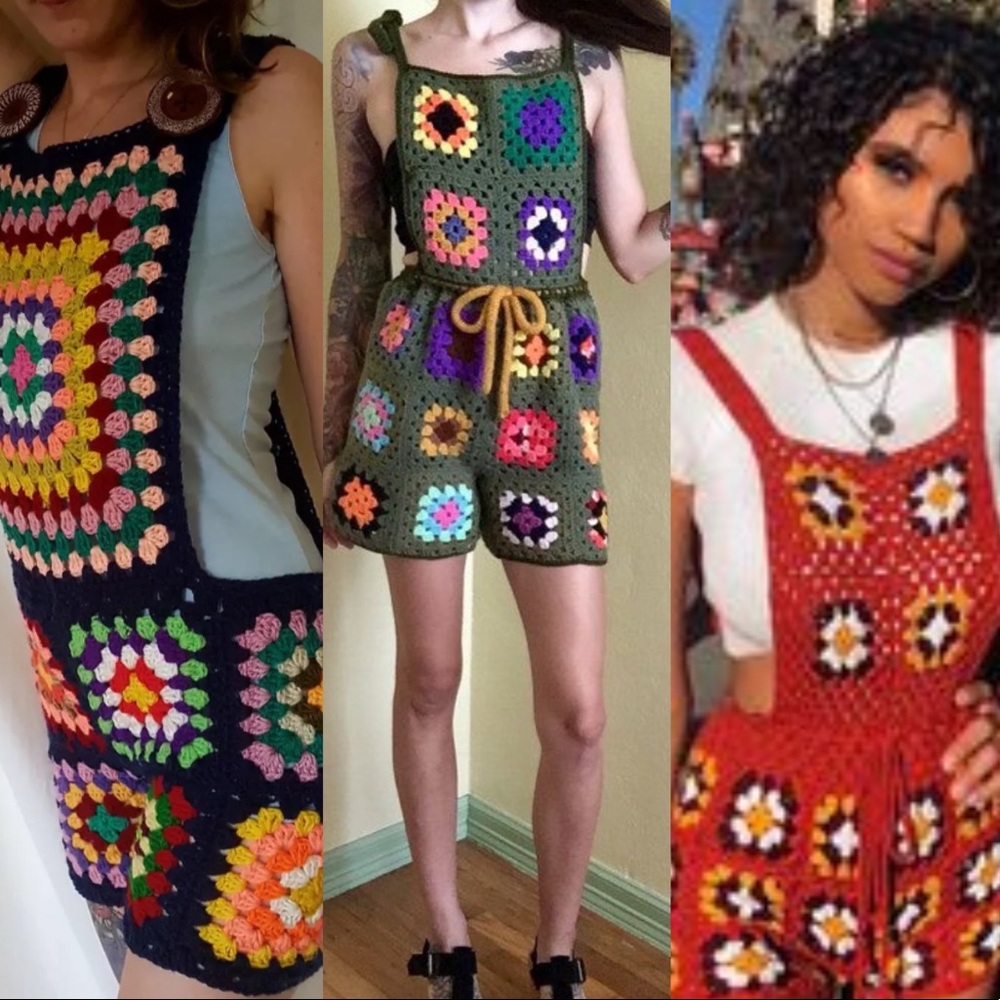 Free People Granny Square Boho Hippie Festival Shortalls Overalls S M New Shorts